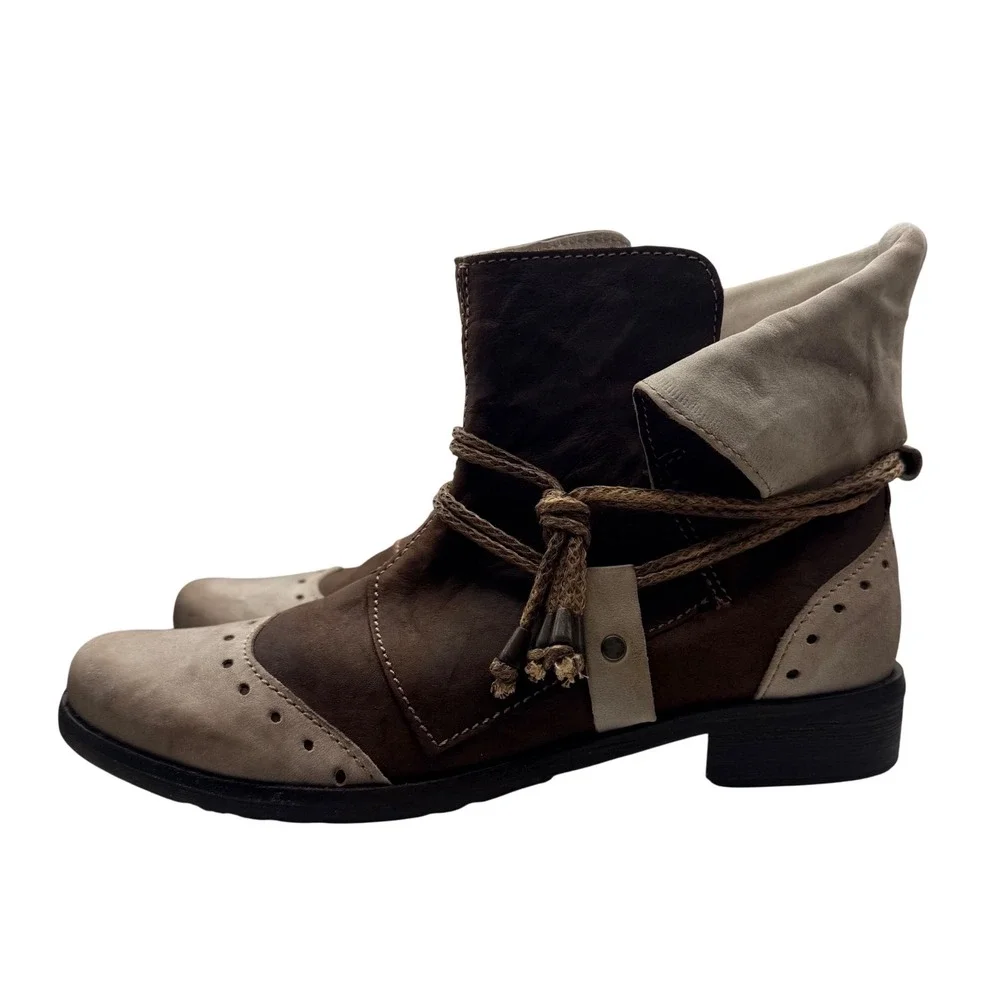 Clocharme Handmade Italy TwoTone Leather Wingtip Ankle‎ Boots Boho Rope Wrap 5.5